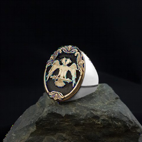 Animal Rings - Double Headed Eagle Embroidered Plain Edges Silver Ring 100349678 - Turkey