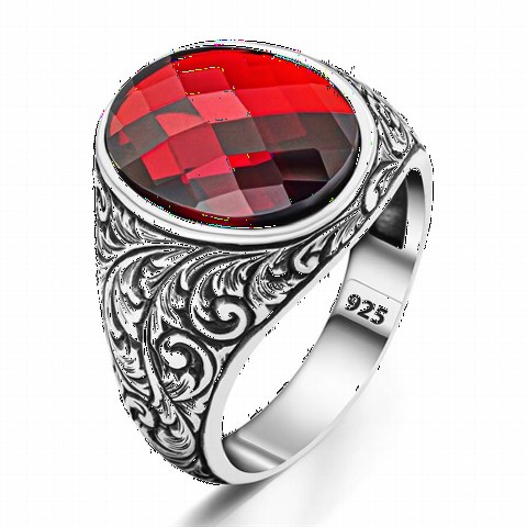 Sterling Silver Men's Ring with Red Zircon Stone with Pen Embroidered Sides 100350323
