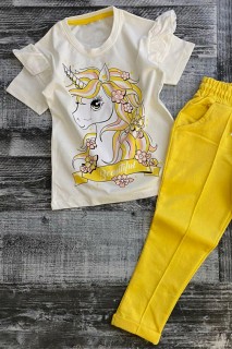 Girl's Shoulder Frilly Unicorn Printed Beatiful Yellow Tracksuit Set 100327724