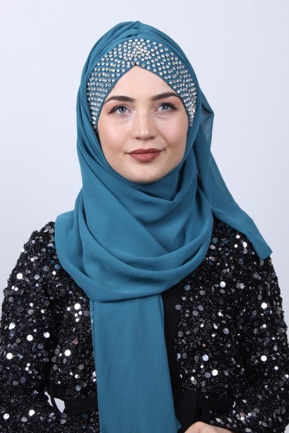Ready to wear Hijab-Shawl - شال بتصميم ستون بونيلي أزرق بترولي - Turkey