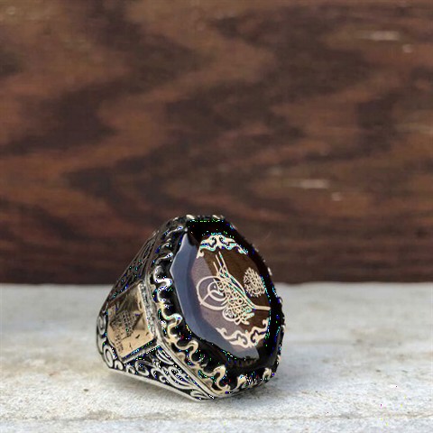 Amber Stone Cornered Ottoman Tugra Silver Men's Ring 100348445