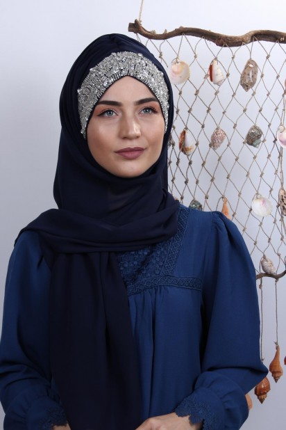 Ready to wear Hijab-Shawl - Stone Design Bonnet Shawl Navy Blue 100282968 - Turkey