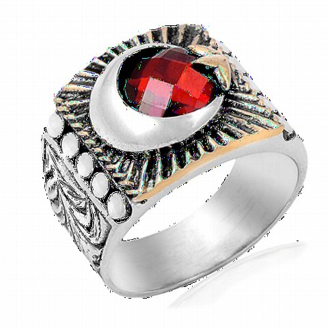 Moon Star Rings - Three-Dimensional Red Facet Stone Moon Star Symbol Sterling Silver Men's Ring 100348743 - Turkey