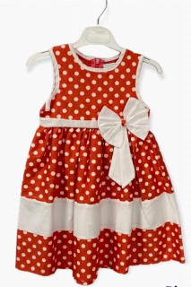 Girls - Girl's Ribbon Detailed and Waist Bow Polka Dot Pomegranate Strap Dress 100327247 - Turkey