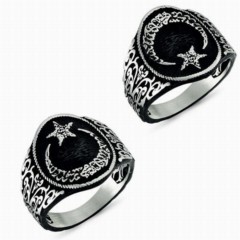 Men - Sterling Silver Ring With Word-i Tawhid Inscribed Inside the Moon and Star 100348334 - Turkey