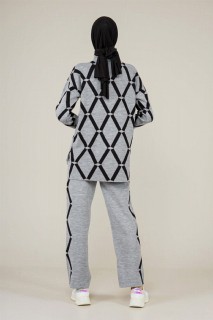 Women's Diamond Patterned Double Colored Double Knitwear Suit 100352575
