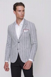 Men's Gray Slim Fit Slim Fit Striped 6 Drop Knitted Jacket 100351333