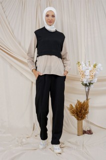 Cloth set - بدلة مزدوجة فضفاضة بتفاصيل مخططة للنساء 100326041 - Turkey
