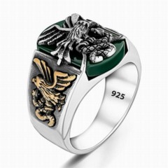 Eagle and Snake Model Green Stone Silver Ring 100346388