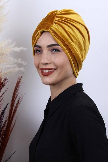 Woman Bonnet & Turban - 3-Streifen-Mütze aus Samt Senfgelb - Turkey