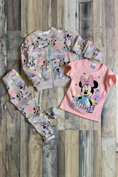 Girl Clothing - Girl's Minnie Mouse Digital Printed 3-Piece Pink Tracksuit Suit 100344705 - Turkey