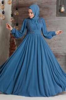 Woman - Blue Hijab Evening Dress 100336299 - Turkey