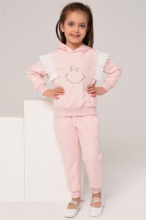 Tracksuits, Sweatshirts - Girls' Lace Embroidered Hooded Smile Powder Tracksuit Set 100328621 - Turkey