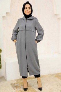 Coat - Grey Hijab Coat 100341553 - Turkey