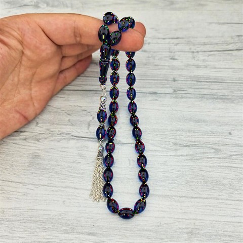 Rosary - Navy Blue Color Silver Tassel Detailed Fire Amber Rosary 100349377 - Turkey