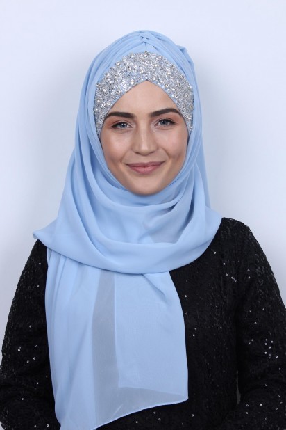 Ready to wear Hijab-Shawl - Stone Design Bonnet Shawl Baby Blue 100282969 - Turkey