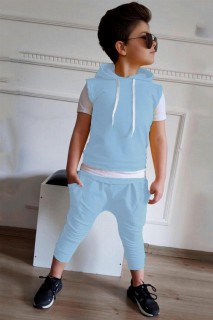 Boy's Short Sleeved Blue Tracksuit Suit with Layered Waist and Hooded 100328400