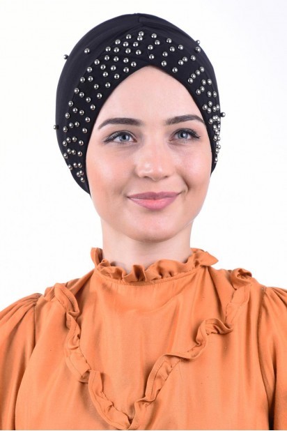 Woman Bonnet & Hijab - لؤلؤة بول كاب أسود - Turkey