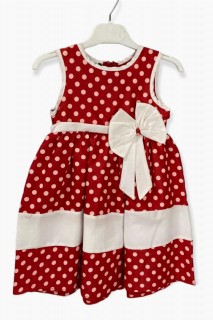 Outwear - Girl's Stripe Detailed and Waist Bow Polka Dot Red Strap Dress 100327245 - Turkey