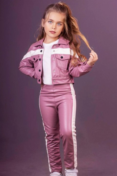 Girl Clothing - Girls' Pink Bottom Top Set with T-Shirt and Stripe Detailed Leather Jacket 100327617 - Turkey
