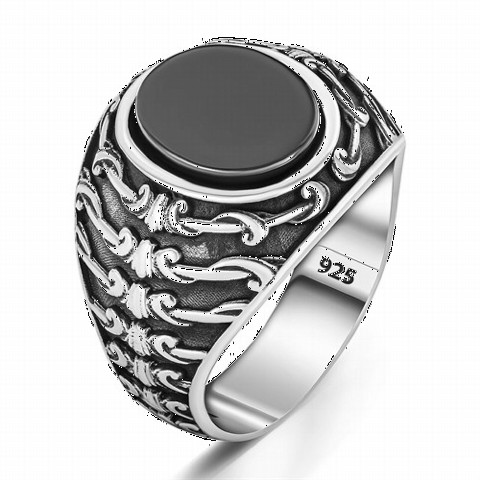 Ivy Patterned Oval Onyx Silver Ring 100350296