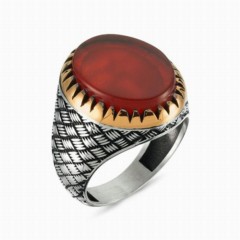 mix - Amber Stone Sterling Silver Men's Ring Red 100348144 - Turkey