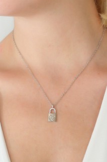 Silver Color Lock Figure Zircon Stone Detail Women's Necklace 100328117
