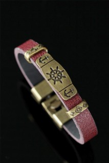 Bracelet - Tumbled Color Metal Ship Helm Claret Red Leather Men's Bracelet 100327889 - Turkey