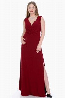 Woman - Plus Size Claret Red Evening Dress with Side Slit 100276169 - Turkey