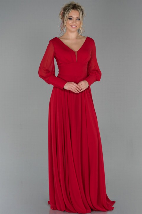 Woman - فستان سهرة كم طويل رقبة على شكل V فستان سهرة شيفون 100297152 - Turkey