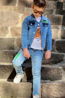 Boy Clothing - Boy's Precious Printed Jean Jacket and Trousers 3-Piece Blue Top Set 100328365 - Turkey