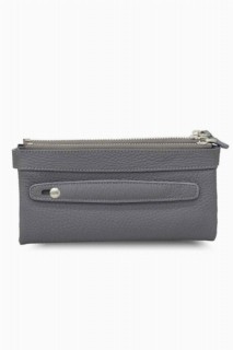Anthracite Double Zippered Leather Women's Wallet with Phone Compartment 100346222