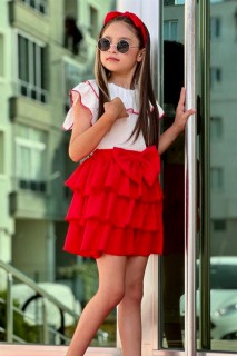 Girl Clothing - Girls Ruffle Collar Layered Layered Bow Detailed Red Skirt Suit 100328530 - Turkey