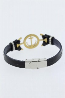 Men - Gold Color Marine Anchor Figured Metal Accessory Black Color Leather Men's Bracelet 100318591 - Turkey