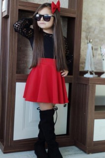 Outwear - Girl's Sleeves Transparent And Geometric Patterned Red Skirt Suit 100328716 - Turkey