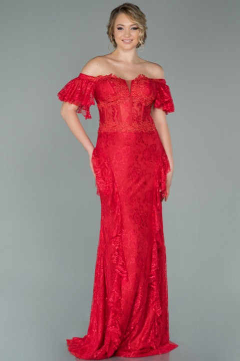 Woman Clothing - Evening Dress Short Sleeve Boat Neck Guipure Mermaid Evening Dress 100298319 - Turkey