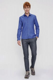 Top Wear - Men's Turquoise Oxford Cotton Slim Fit Slim Fit Jacquard Patterned Italian Collar Long Sleeve Shirt 100351311 - Turkey