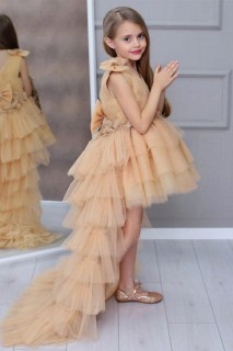 Evening Dress - Girl's Waist Flower Embroidered Tailed Layered Tulle Beige Evening Dress 100328420 - Turkey