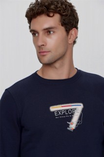 Men's Navy Blue Crew Neck Printed Casual Cut Sweat Shirt 100350918