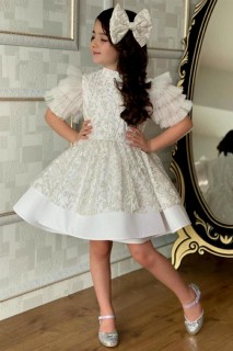 Evening Dress - Weißes Abendkleid mit Ärmeln aus geschichtetem Tüll und silbriger Blumenstickerei für Mädchen 100328221 - Turkey