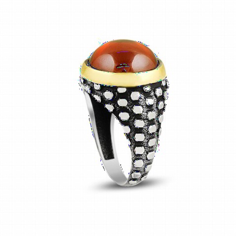 Round Onyx Stone Gold Detailed Sterling Silver Men's Ring 100349317
