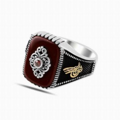 Solitaire On Agate Stone Sides Ottoman Tugra Motif Silver Ring 100347841