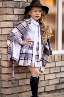 Girl's Double Pocket Plaid Coat and Shirt with Halter Neck Grey-Pink Skirt Suit 100327303