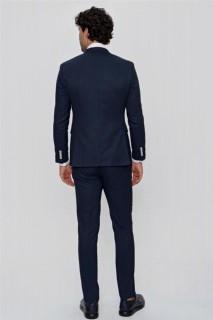 Men's Navy Blue Double Breasted Striped Slim Fit Slim Fit 6 drop Suit 100350996