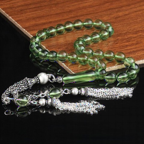 Rosary - Silver Tasseled Aqua Green Original Amber Drop Rosary 100352195 - Turkey