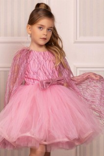 Children's Puffy Bead Embroidered Cape Fluffy Pink Evening Dress 100327201