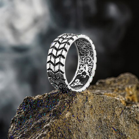 Wheel Motif Embroidered Silver Ring 100349439