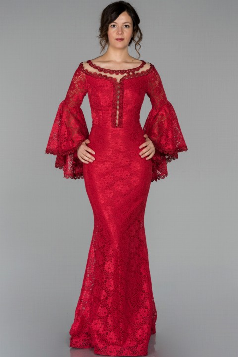 Wedding & Evening - Evening Dress Long Spanish Sleeve Guipure Mermaid Evening Dress 100296225 - Turkey