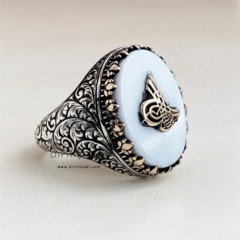Silver Rings 925 - Silver Ring with Ottoman Tugra on Mother of Pearl Stone 100347965 - Turkey