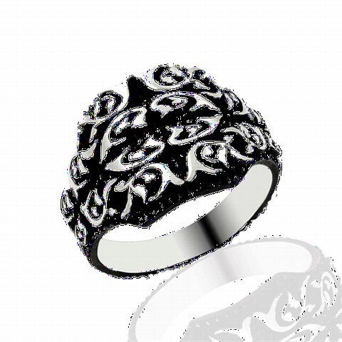 Stoneless Rings - Black Background Patterned Silver Men's Ring 100349047 - Turkey